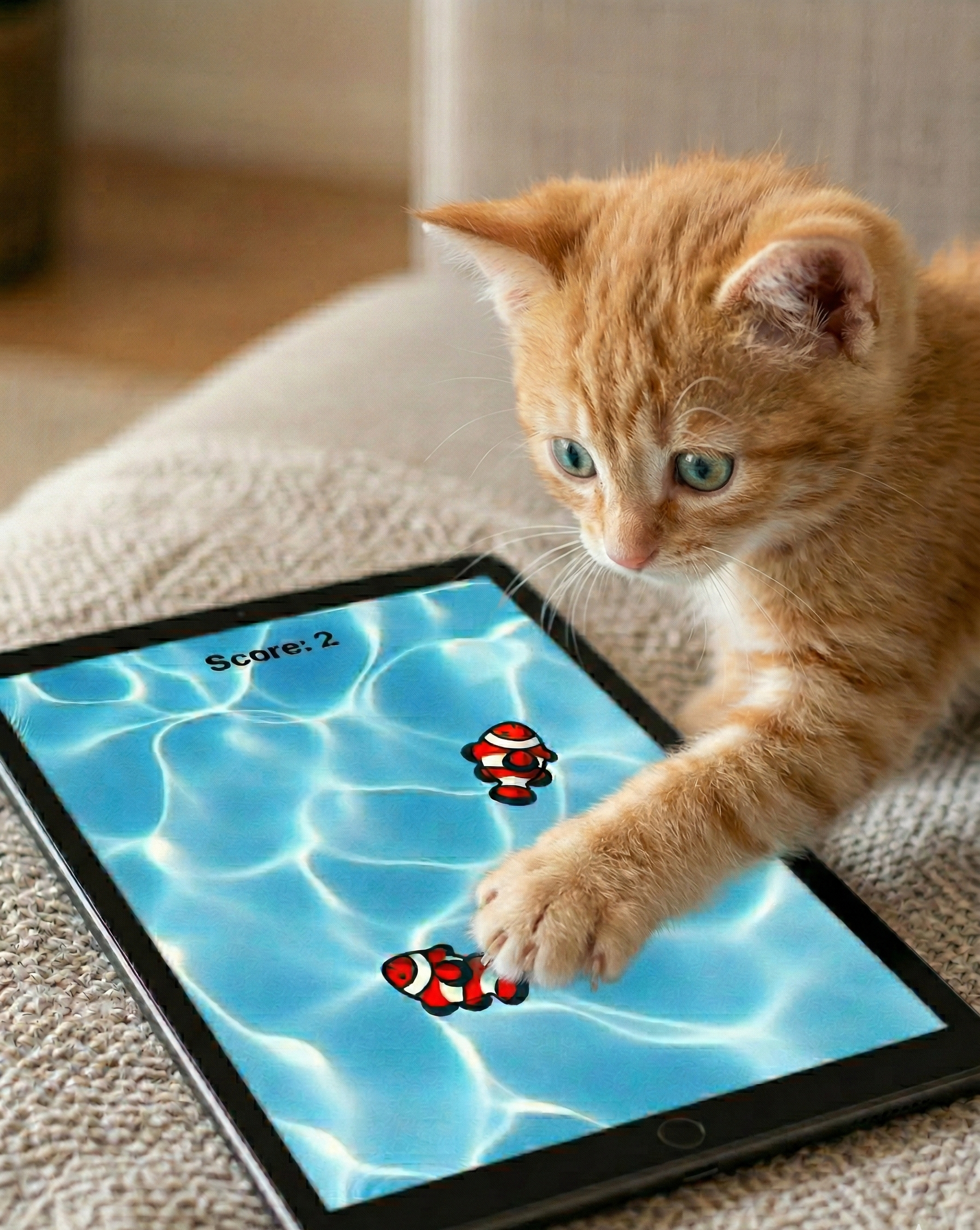 Real cat playing CatVerse on tablet